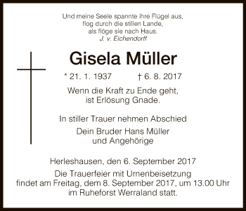 Traueranzeige von Gisela Müller von Eschwege