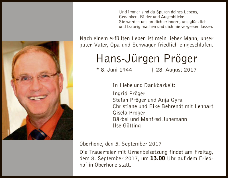  Traueranzeige für Hans-Jürgen Pröger vom 05.09.2017 aus Eschwege