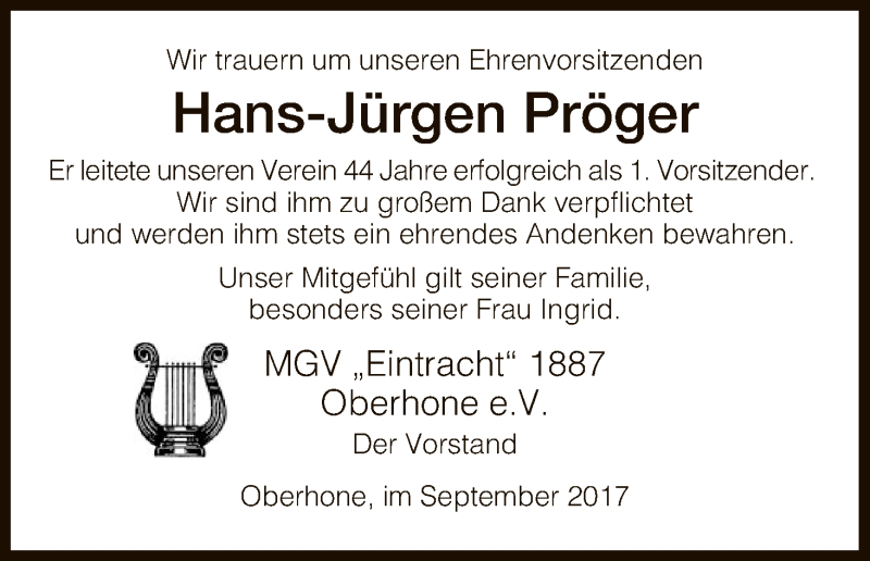 Traueranzeige für Hans-Jürgen Pröger vom 05.09.2017 aus Eschwege