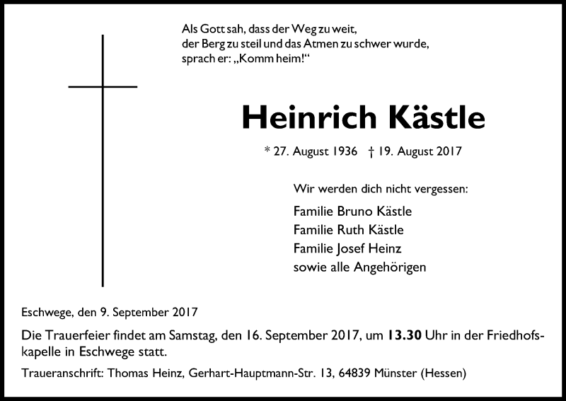  Traueranzeige für Heinrich Kästle vom 09.09.2017 aus Eschwege