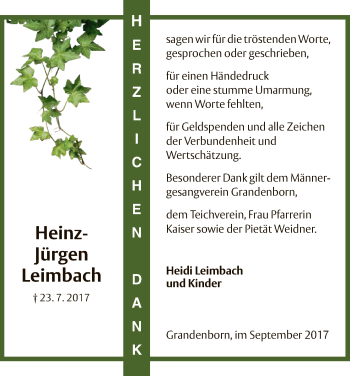 Traueranzeige von Heinz-Jürgen Leimbach von Eschwege