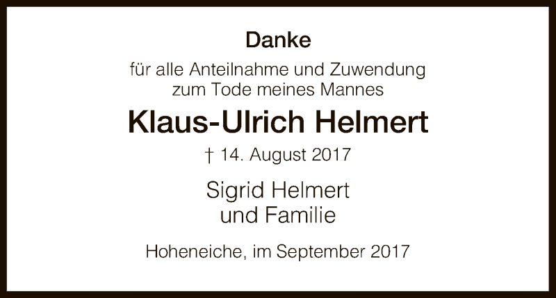  Traueranzeige für Klaus-Ulrich Helmert vom 09.09.2017 aus Eschwege