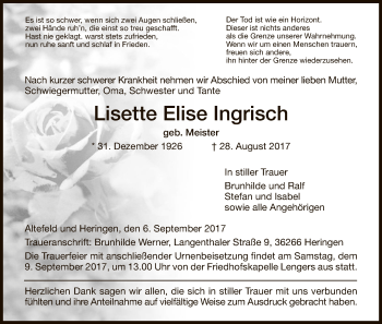 Traueranzeige von Lisette Elise Ingrisch von Eschwege