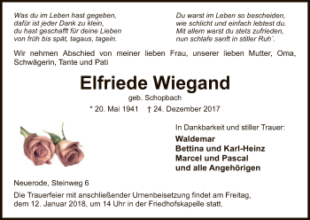 Traueranzeige von Elfriede Wiegand von Eschwege