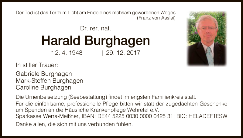  Traueranzeige für Harald Burghagen vom 13.01.2018 aus Eschwege