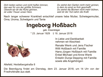 Traueranzeige von Ingeborg Hoßbach von Eschwege