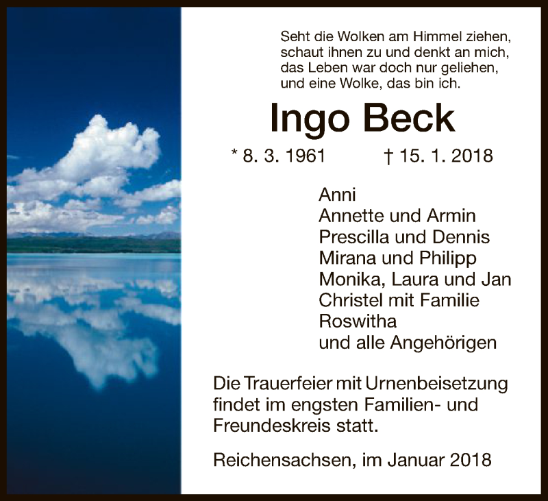  Traueranzeige für Ingo Beck vom 20.01.2018 aus Eschwege