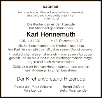 Traueranzeige von Karl Hennemuth von Eschwege