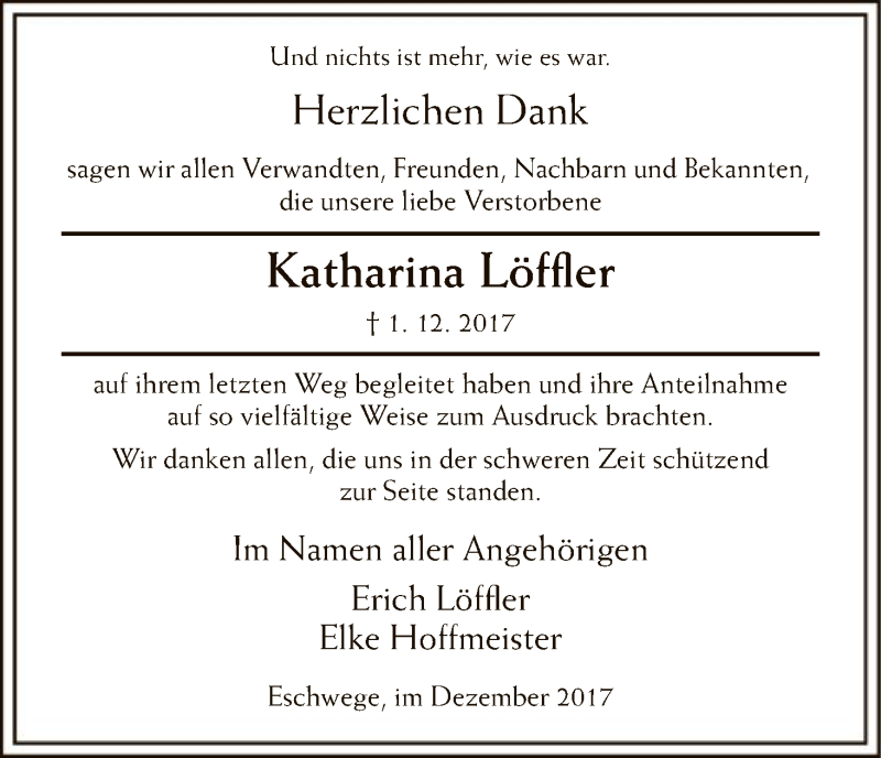  Traueranzeige für Katharina Löffler vom 30.12.2017 aus Eschwege