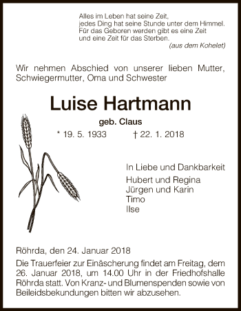 Traueranzeige von Luise Hartmann von Eschwege