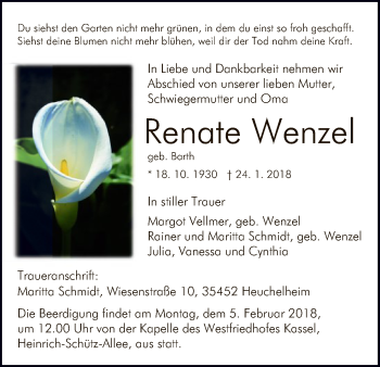 Traueranzeige von Renate Wenzel von Eschwege