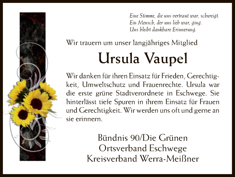  Traueranzeige für Ursula Vaupel vom 11.01.2018 aus Eschwege