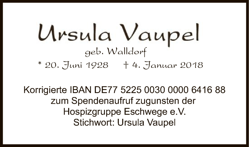  Traueranzeige für Ursula Vaupel vom 10.01.2018 aus Eschwege