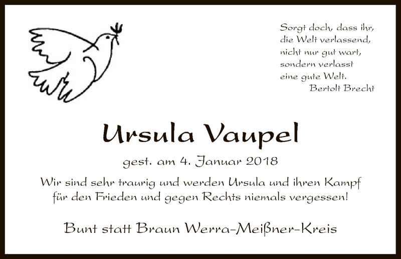  Traueranzeige für Ursula Vaupel vom 09.01.2018 aus Eschwege