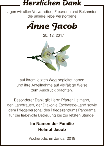 Traueranzeige von Änne Jacob von Eschwege