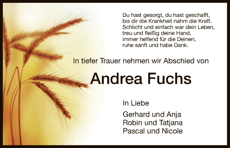  Traueranzeige für Andrea Fuchs vom 10.10.2018 aus Eschwege