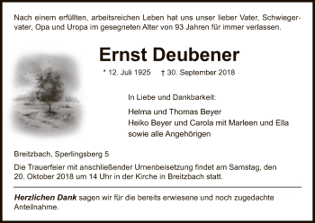 Traueranzeige von Ernst Deubener von Eschwege