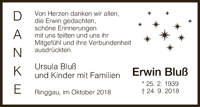  Traueranzeige für Erwin Bluß vom 16.10.2018 aus Eschwege