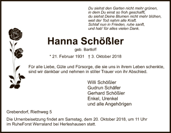 Traueranzeige von Hanna Schößler von Eschwege