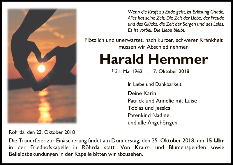  Traueranzeige für Harald Hemmer vom 23.10.2018 aus Eschwege