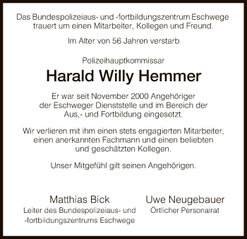 Traueranzeige von Harald Willy Hemmer von Eschwege