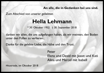 Traueranzeige von Hella Lehmann von Eschwege