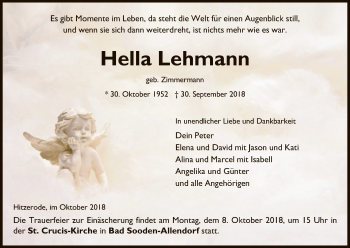 Traueranzeige von Hella Lehmann von Eschwege