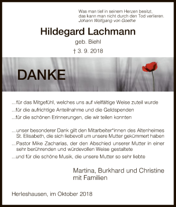 Traueranzeige von Hildegard Lachmann von Eschwege