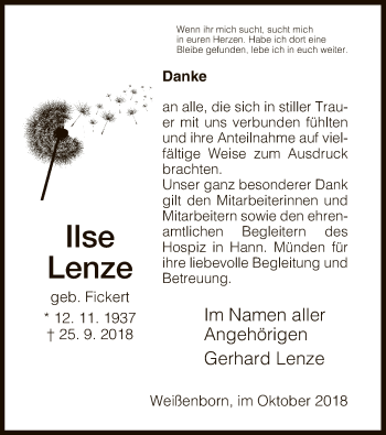 Traueranzeige von Ilse Lenze von Eschwege