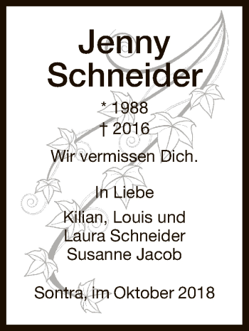 Traueranzeige von Jenny Schneider von Eschwege