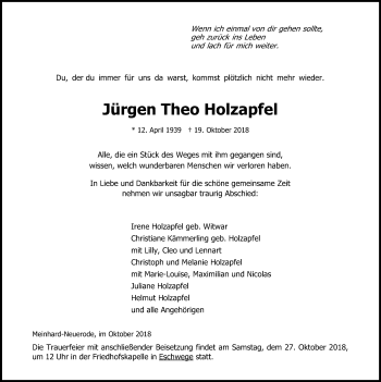 Traueranzeige von Jürgen Theo Holzapfel von Eschwege