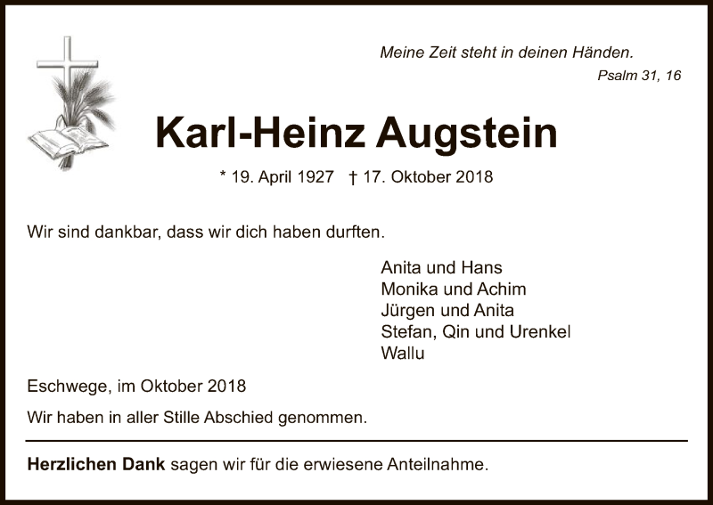  Traueranzeige für Karl-Heinz Augstein vom 27.10.2018 aus Eschwege