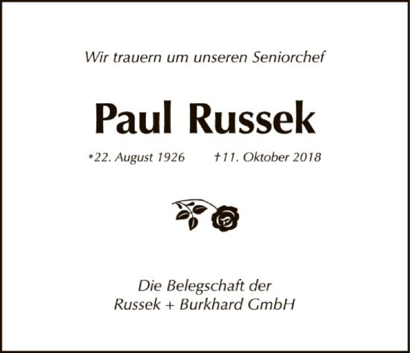  Traueranzeige für Paul Russek vom 13.10.2018 aus Eschwege