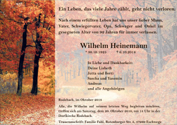 Traueranzeige von Wilhelm Heinemann von Eschwege