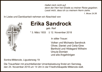 Traueranzeige von Erika Sandrock von Eschwege