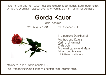 Traueranzeige von Gerda Kauer von Eschwege