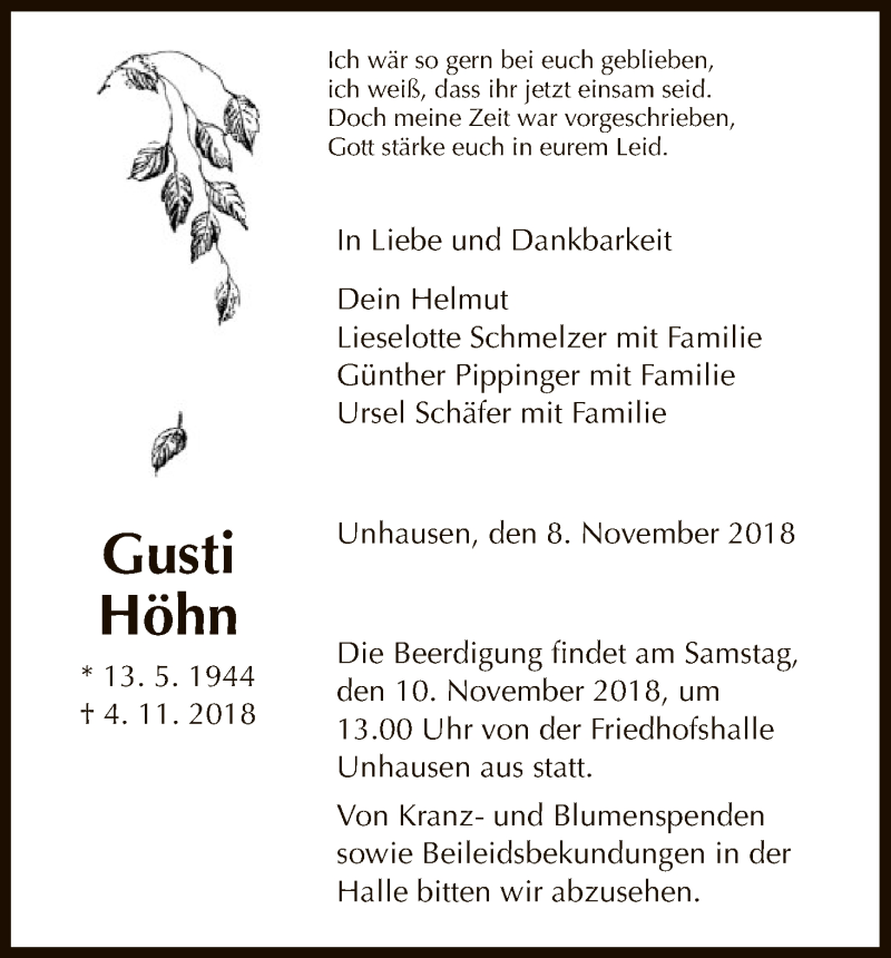  Traueranzeige für Gusti Höhn vom 08.11.2018 aus Eschwege