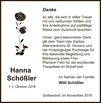 Traueranzeige von Hanna Schößler von Eschwege