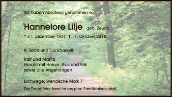 Traueranzeige von Hannelore Lilje von Eschwege