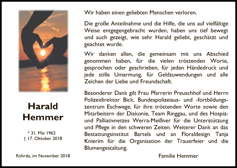  Traueranzeige für Harald Hemmer vom 10.11.2018 aus Eschwege