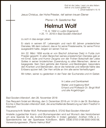 Traueranzeige von Helmut Wolf von Eschwege