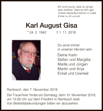 Traueranzeige von Karl August Gisa von Eschwege