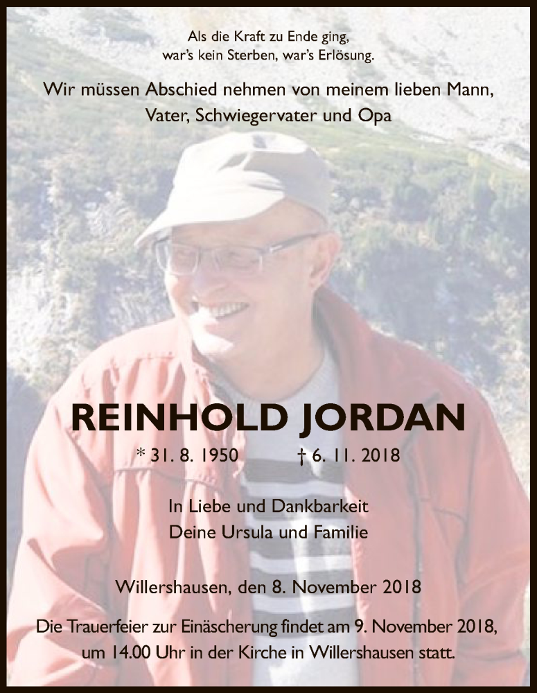  Traueranzeige für Reinhold Jordan vom 08.11.2018 aus Eschwege