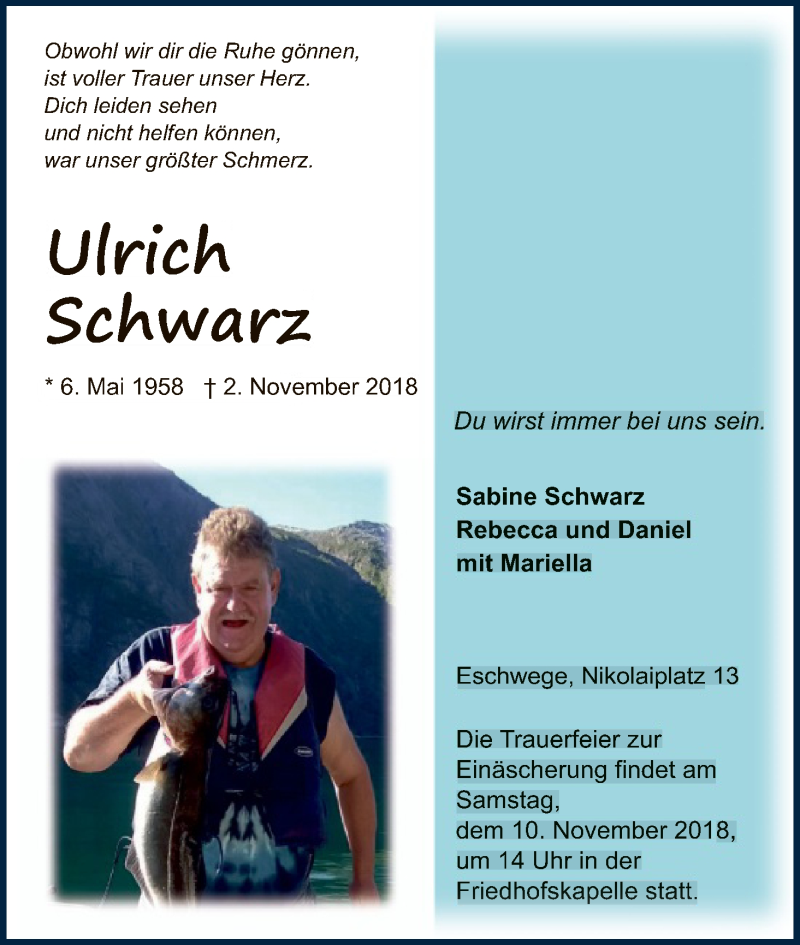  Traueranzeige für Ulrich Schwarz vom 06.11.2018 aus Eschwege