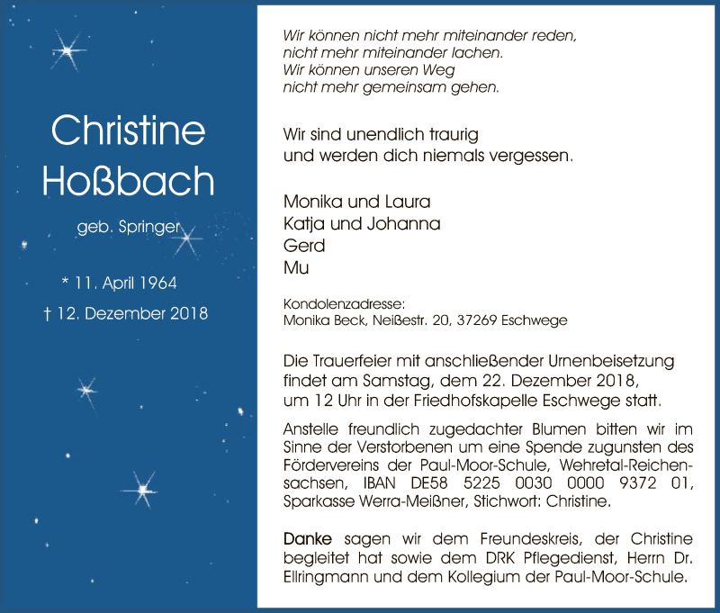  Traueranzeige für Christine Hoßbach vom 15.12.2018 aus Eschwege