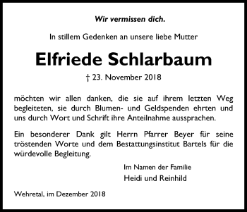 Traueranzeige von Elfriede Schlarbaum von Eschwege