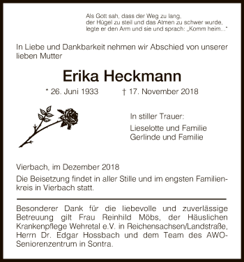 Traueranzeige von Erika Heckmann von Eschwege