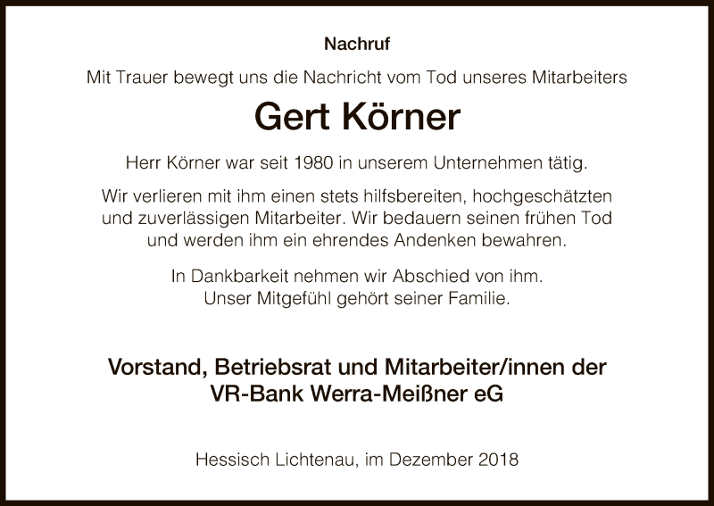  Traueranzeige für Gert Körner vom 15.12.2018 aus Eschwege