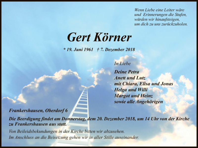  Traueranzeige für Gert Körner vom 15.12.2018 aus Eschwege