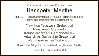 Traueranzeige von Hannpeter Menthe von Eschwege